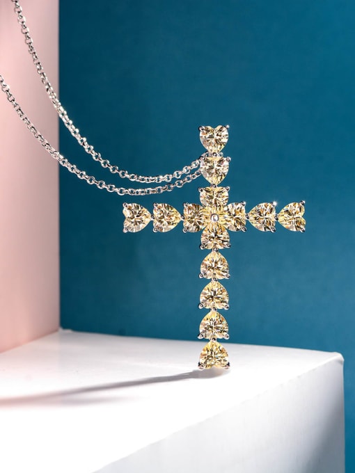 Yellow [P 1070] 925 Sterling Silver High Carbon Diamond Cross Luxury Necklace